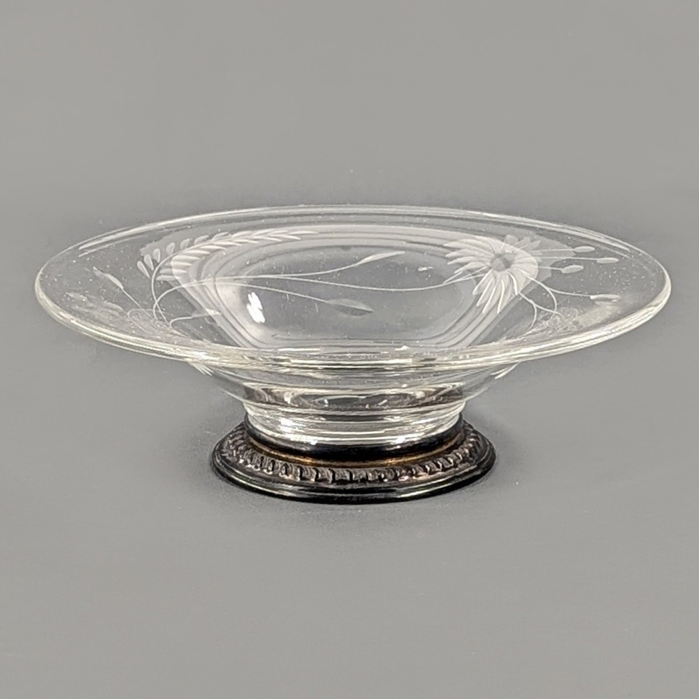 Vintage Etched Glass Candy Dish Weighted Sterling Silver Base Floral Wheat 6in